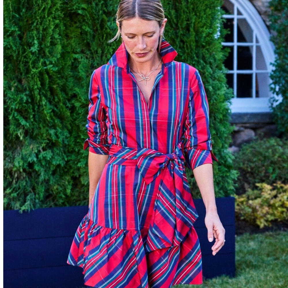 Vineyard Vines Red and Blue Tafetta Tie Waist Shirt Dress